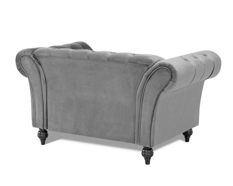 Grey Velvet Chesterfield Armchair 1.5 Seater Sofa Tufted Wood Legs