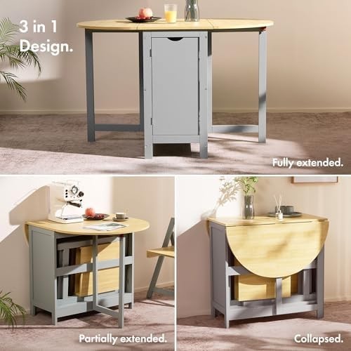 Foldable Dining Table & 4 Chairs 120cm Drop Leaf Grey Wood Set