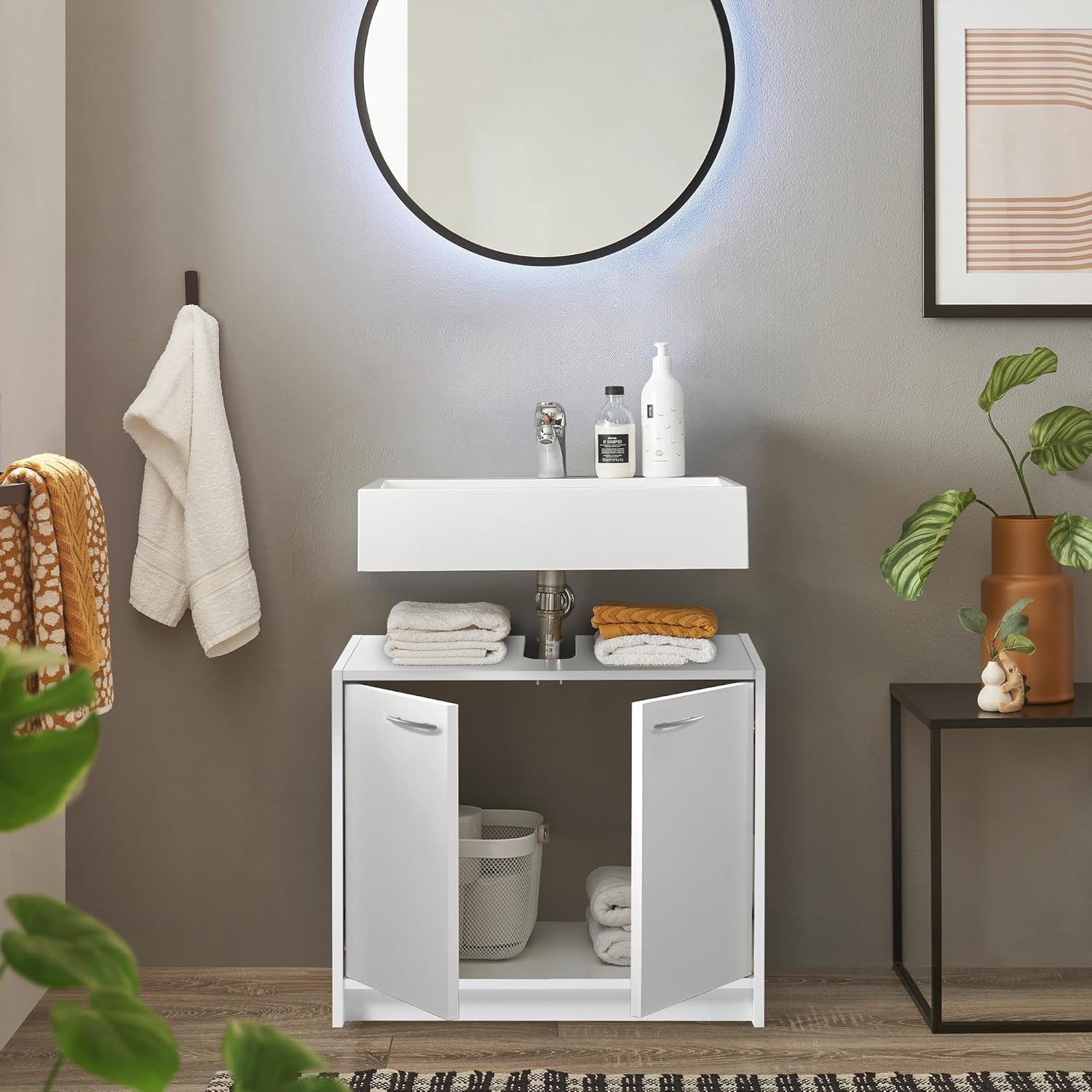 White Under Sink Bathroom Cabinet 65x53x55cm Modern Storage Cupboard Unit
