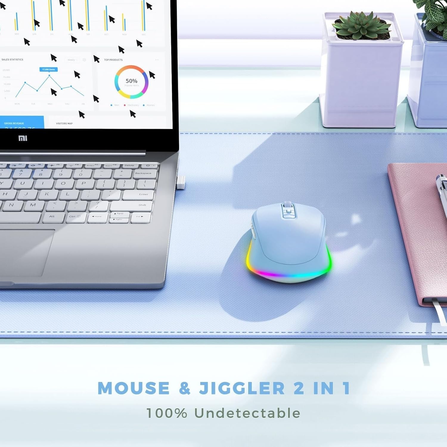 Light Blue RGB Wireless Mouse Rechargeable Silent USB Jiggler