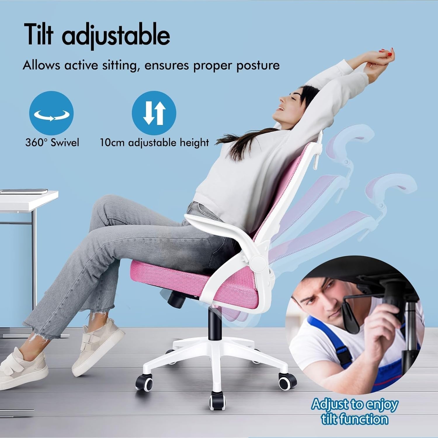 Ergonomic Mesh Office Chair Pink Adjustable Headrest Flip Arms Swivel 180kg
