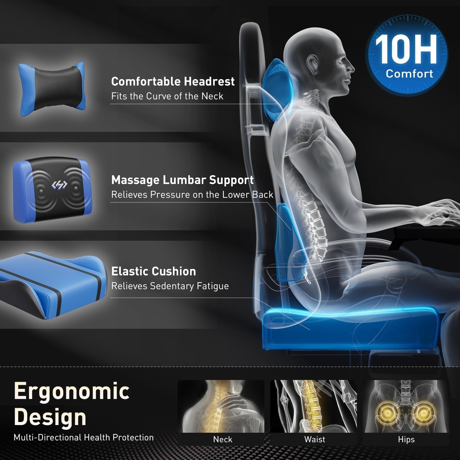 Massage Gaming Chair, Gaming Chair With Footrest Ergonomic Computer Chair for Ad