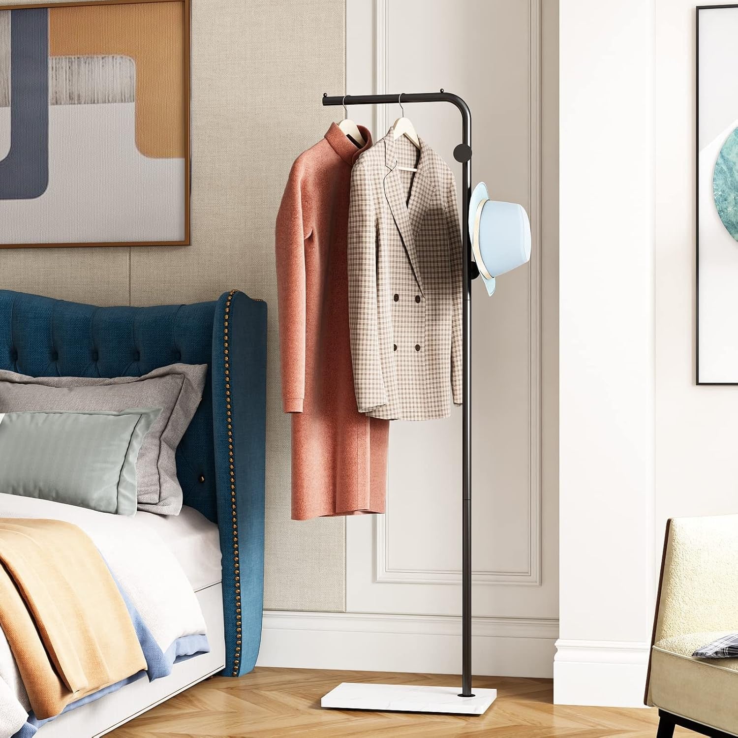Modern Freestanding Coat Rack Black Metal with White Base – 3 Hooks Entryway