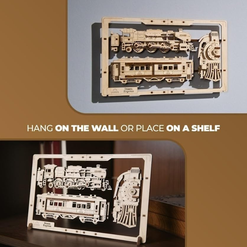 Wooden 3D Steam Train Puzzle Kit with Movable Wheels – DIY Decor