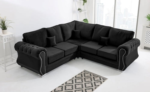 Black Plush Velvet Corner Sofa 5 Seater with Foam Cushions & Chrome Feet