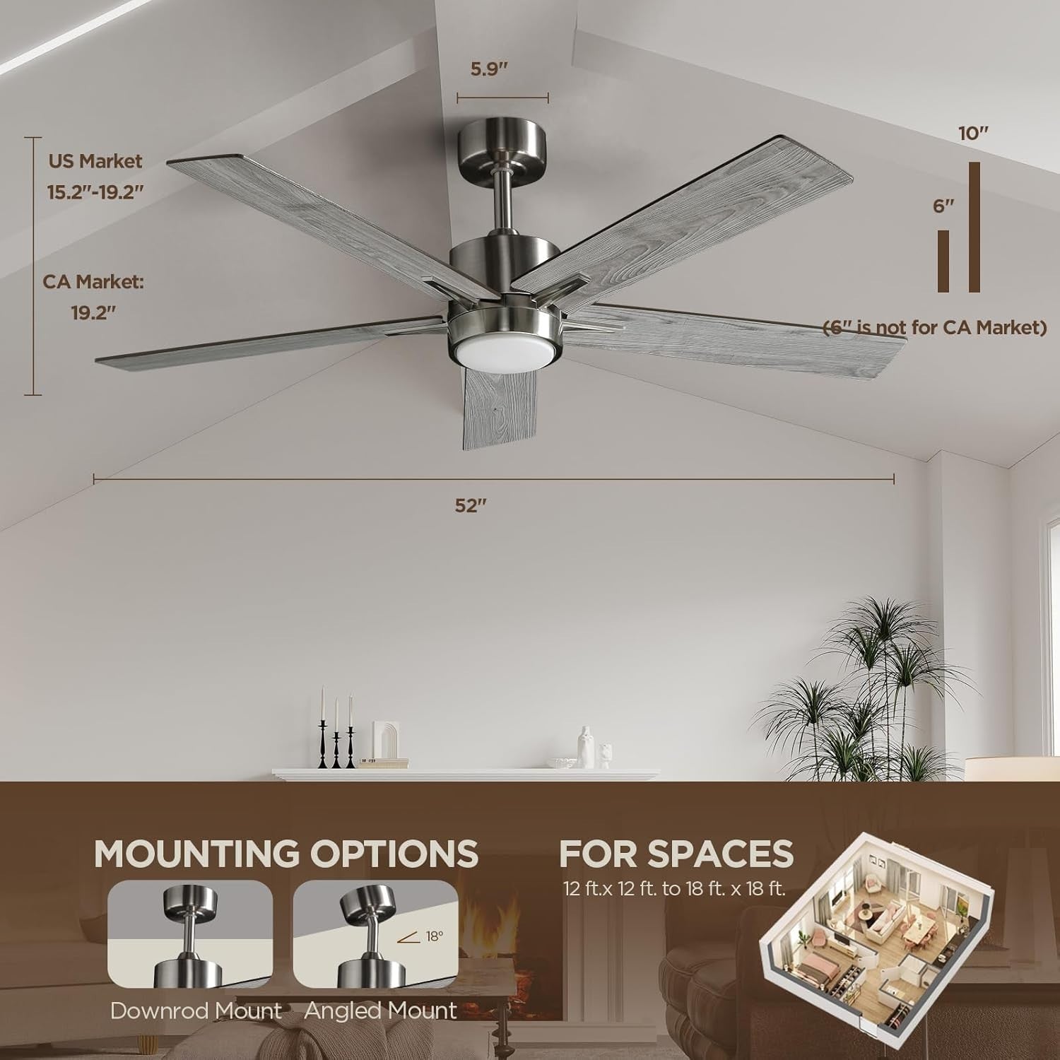 Vagizm 52" Ceiling Fan with Light, Remote, Dimmable, DC Motor,5 Blades, Modern