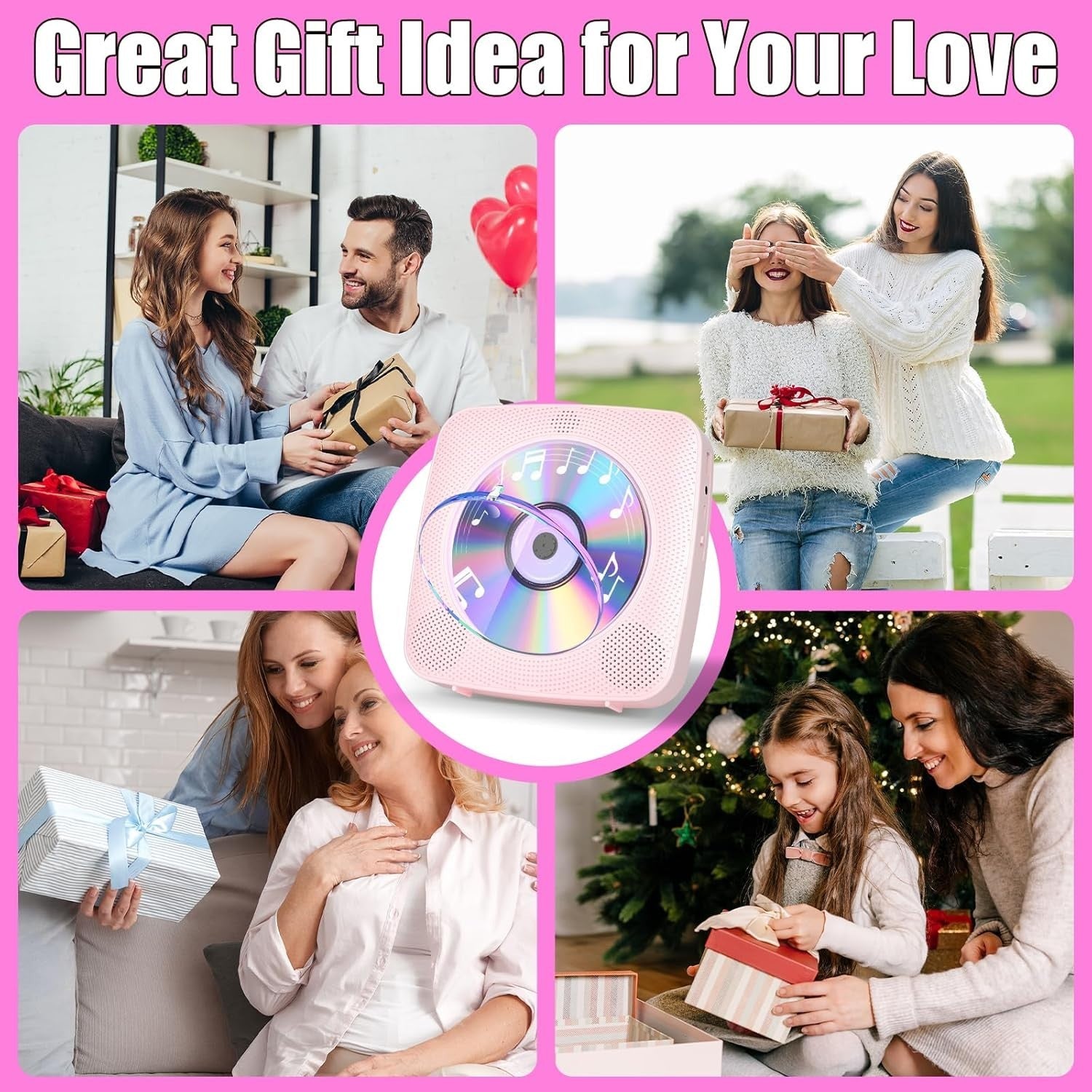 Desktop CD Player Bluetooth Speakers FM Radio USB AUX Remote Pink
