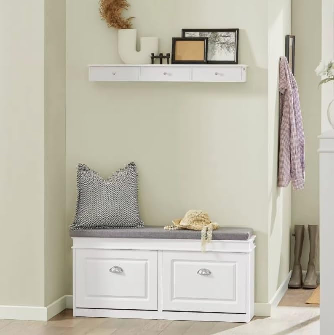 White Shoe Storage Bench with 2 Flip Drawers & Cushion – Modern Hallway Unit