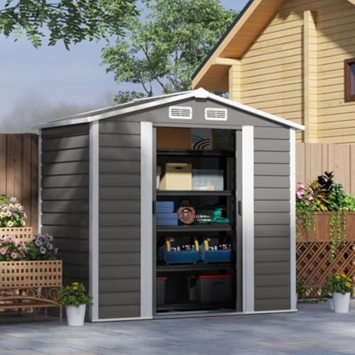 7x4ft Metal Garden Shed with Lockable Double Doors & Ventilation