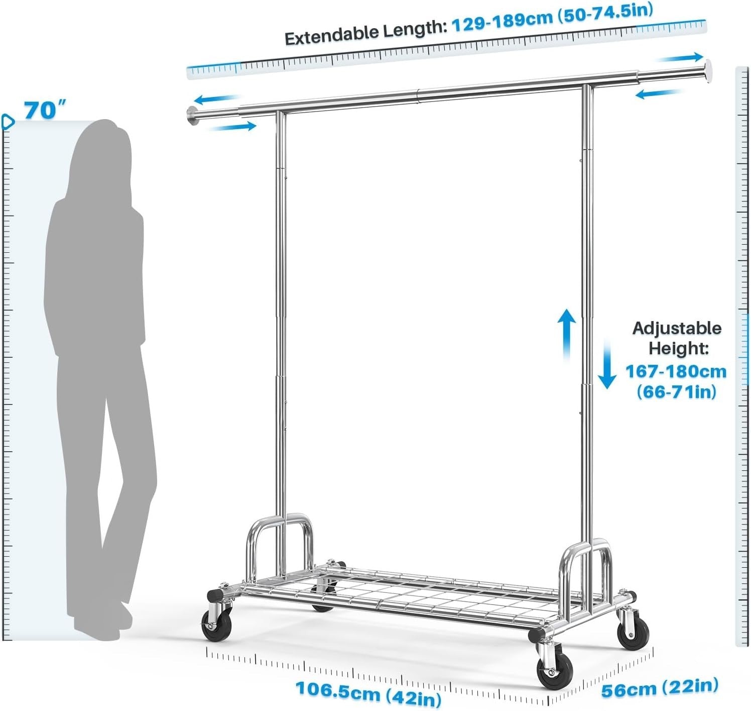 238KG Heavy Duty Extendable Clothes Rail with Wheels – Silver