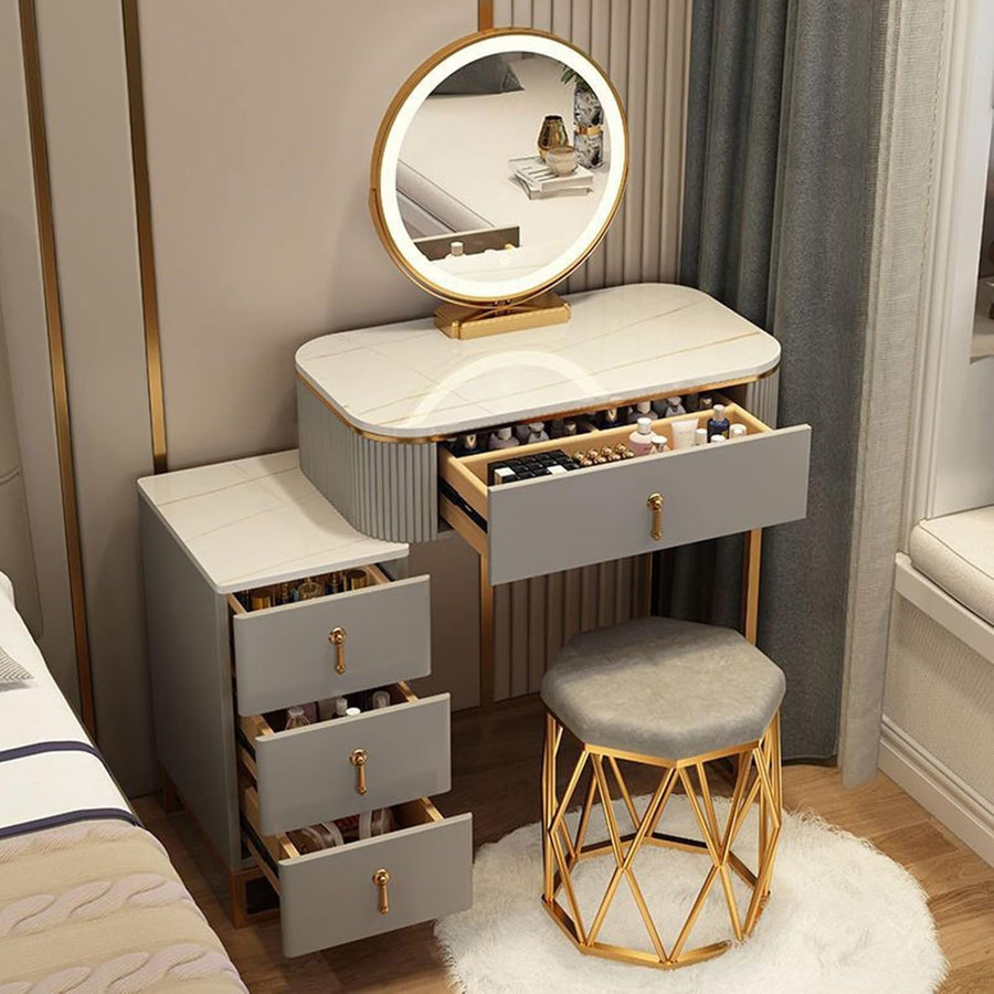 Modern LED Vanity Table Set with Mirror & Stool – Makeup Desk Storage White Grey