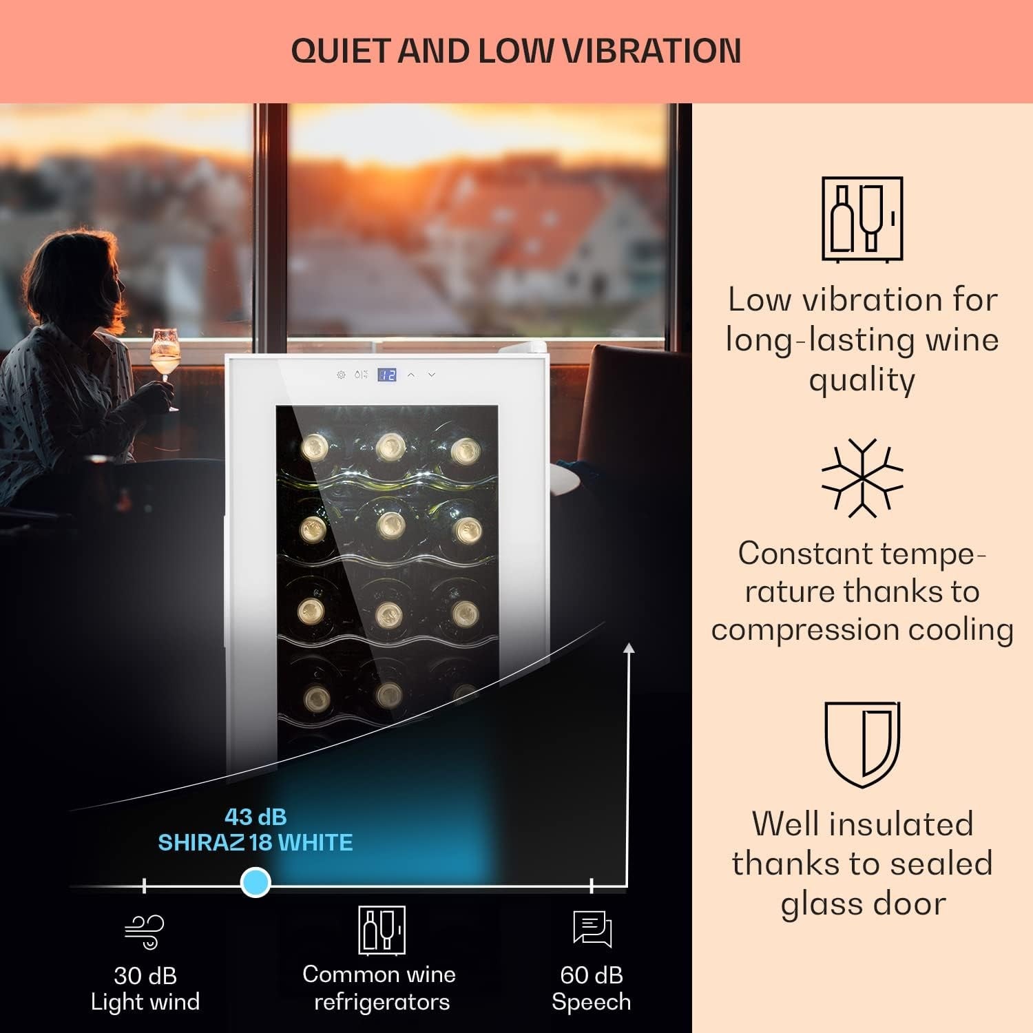 Wine Cooler Fridge 18 Bottle Glass Door Single Zone Slim Freestanding White
