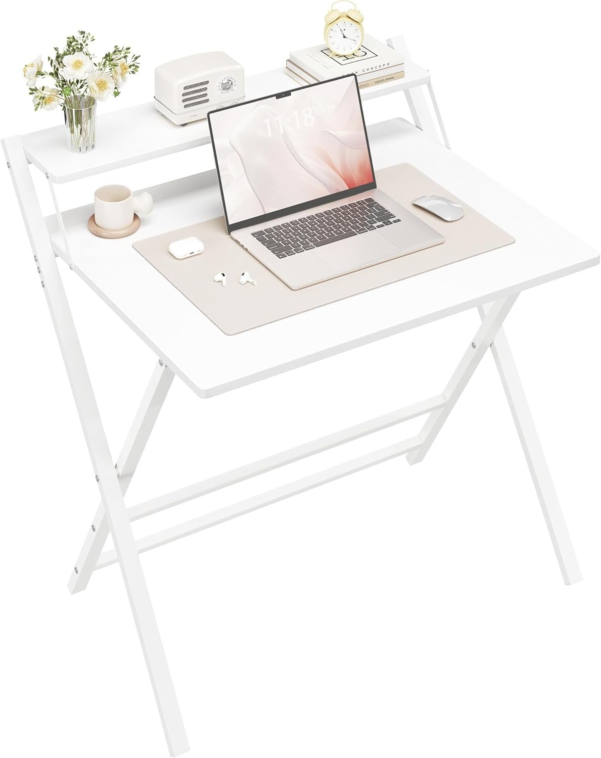 Foldable Computer Desk Small Space with Monitor Stand 80cm White