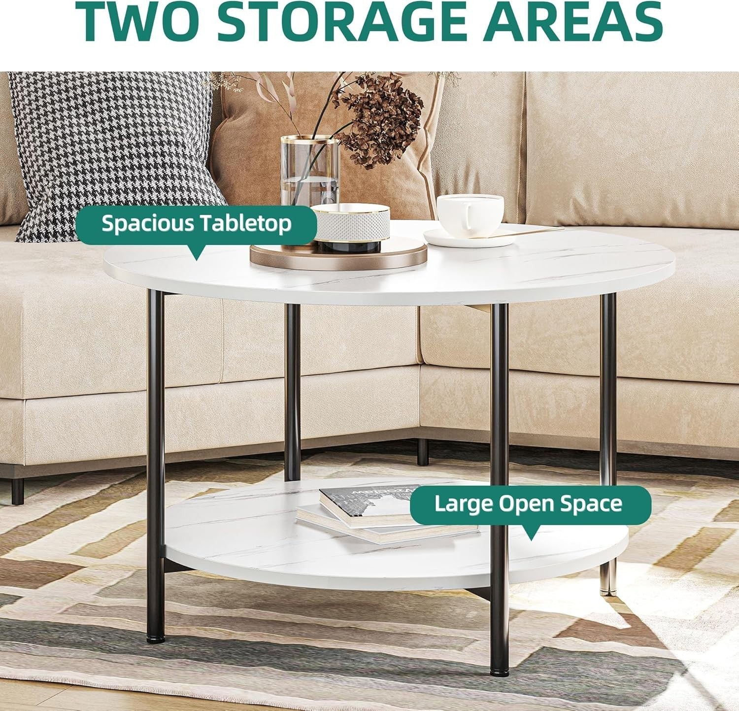 Round Coffee Table with Shelf – 2-Tier Rustic Wood & Metal, 80cm