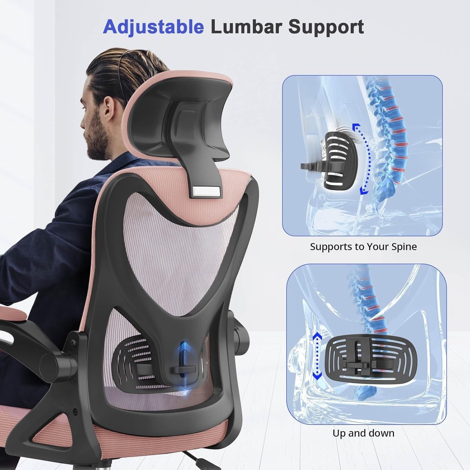 Ergonomic Mesh Office Chair Pink High Back Flip-Up Armrest Lumbar Support