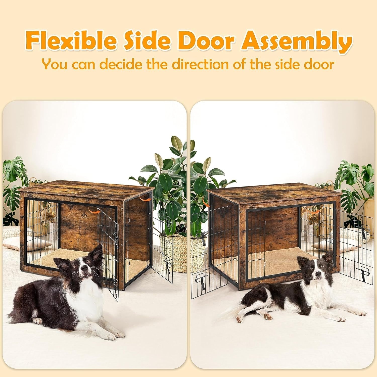 Large Rustic Brown Dog Crate Furniture with Cushion & Double Lock Doors 102x71x7
