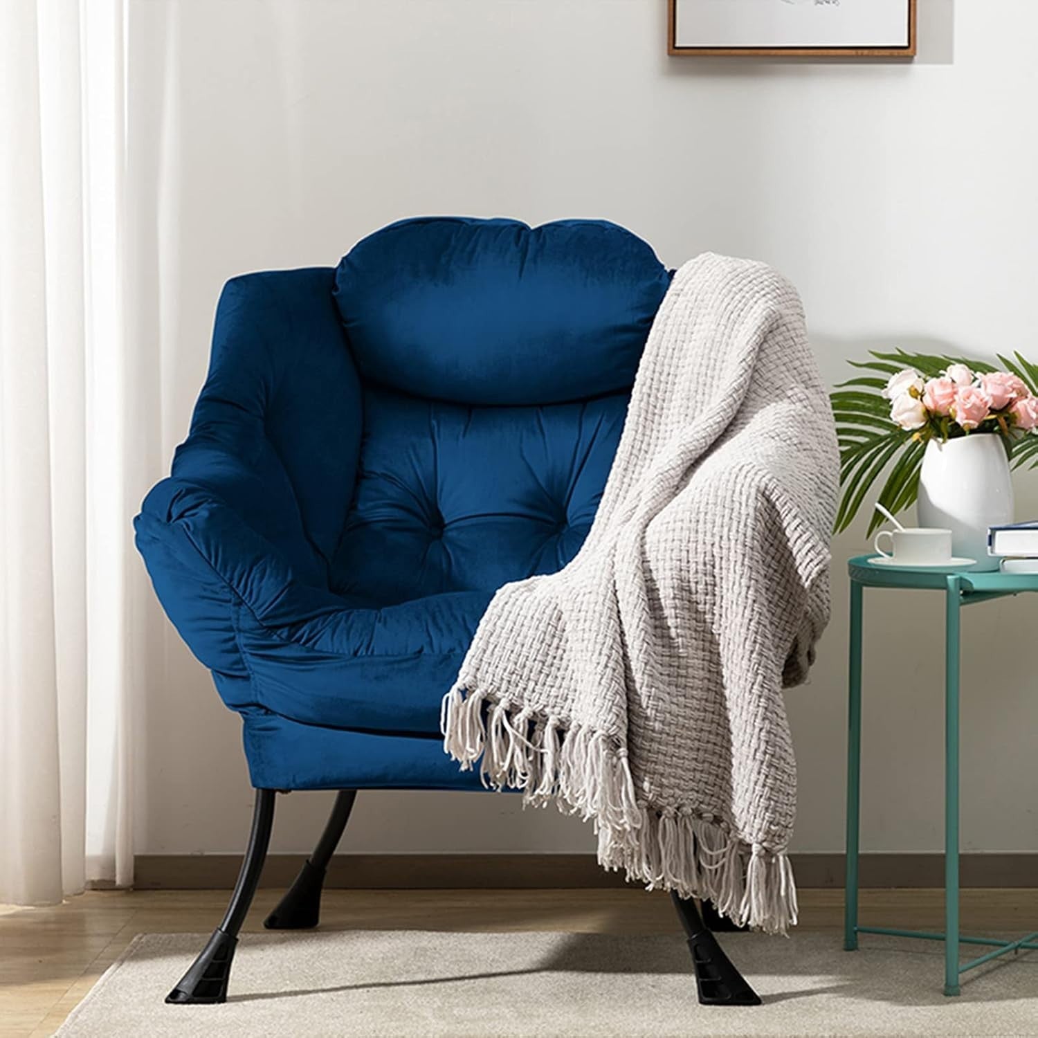 Velvet Dark  Blue  Armchair Living Room Bedroom Lounge Chair Comfy Relax Seat