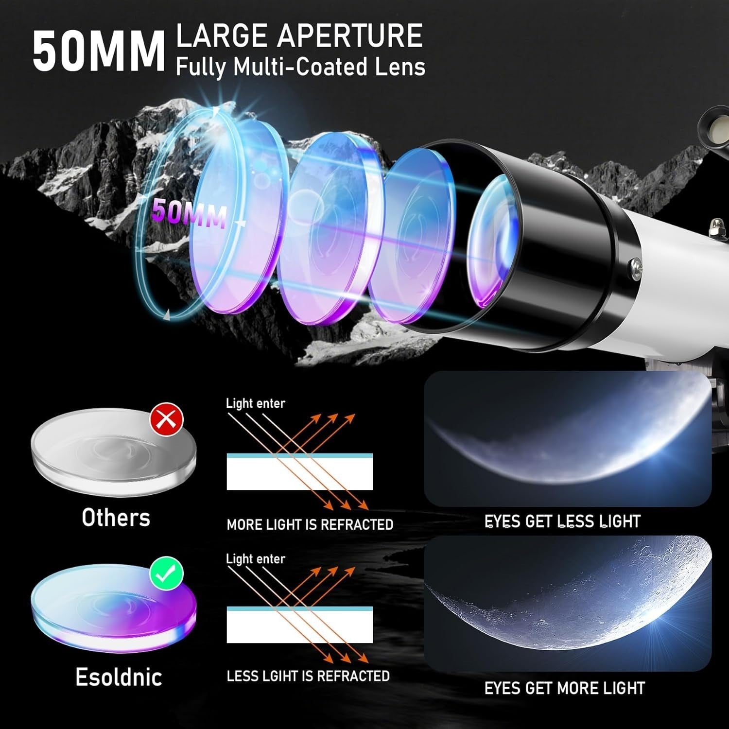 50mm Refractor Telescope Kids Beginners 360mm Travel Scope Tripod Phone Adapter