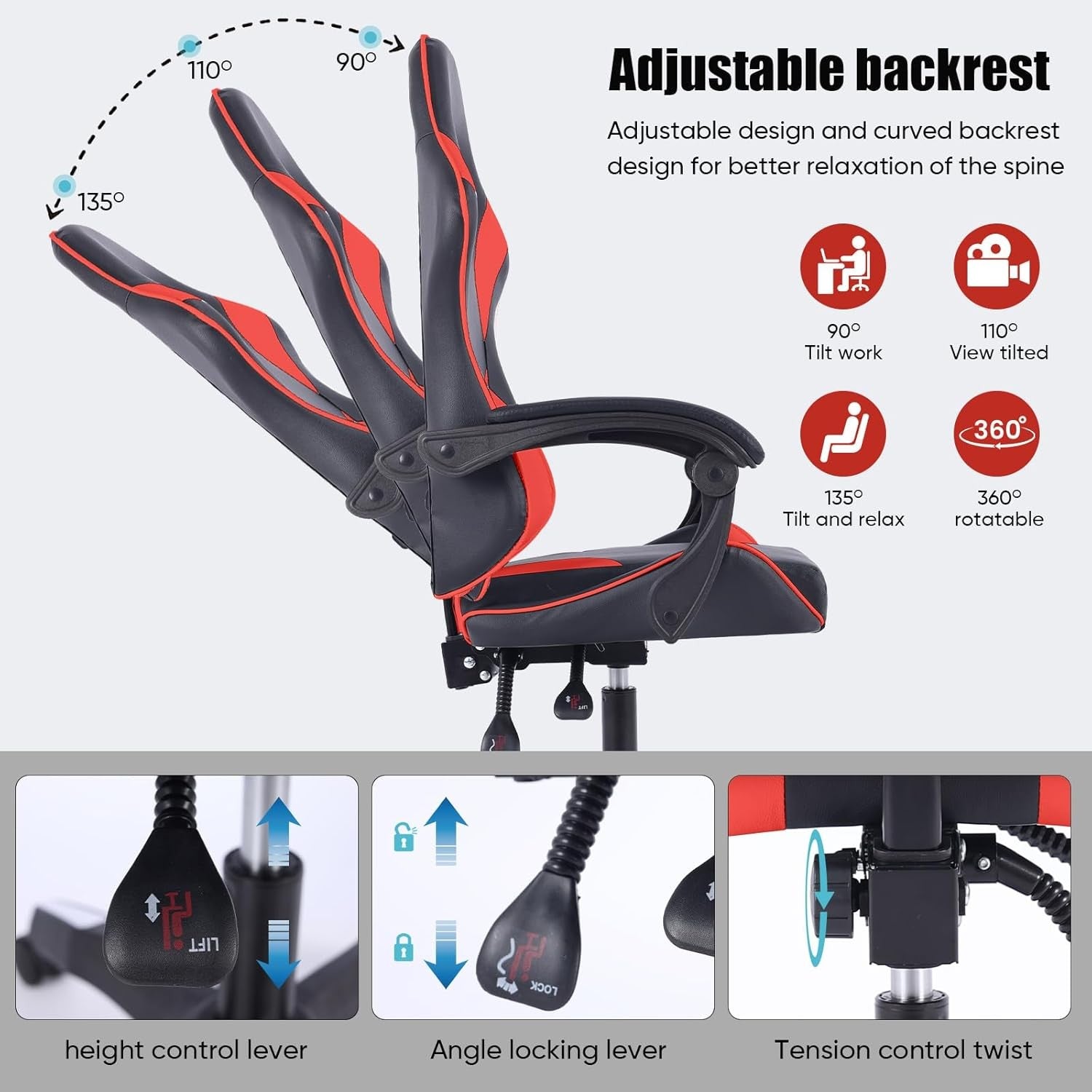 Ergonomic Gaming Chair Reclining Office Desk Chair Lumbar Support Red