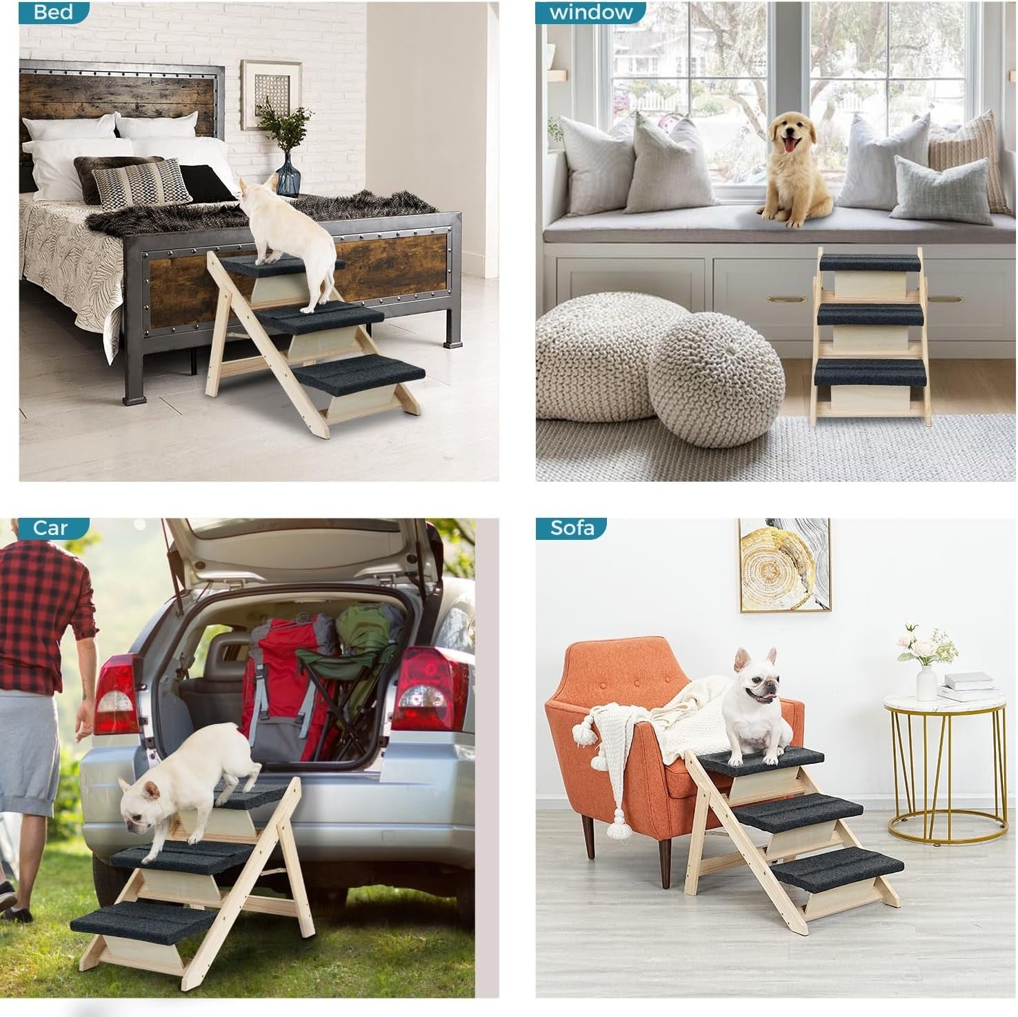 2-in-1 Foldable Pet Stairs & Ramp Carpeted 3-Tier Dog Cat Ladder