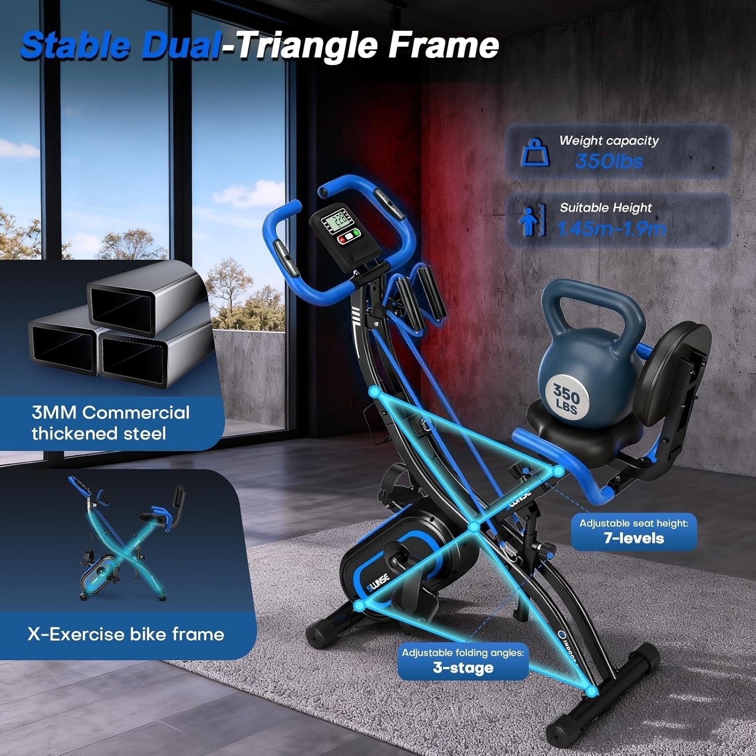 SLUNSE 5-in-1 Folding Exercise Bike, 16-Level Magnetic Resistance, 350lbs
