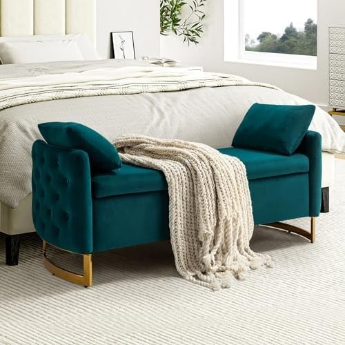 Large Teal Storage Ottoman Bench w/ Pillows Modern Upholstered Metal Legs