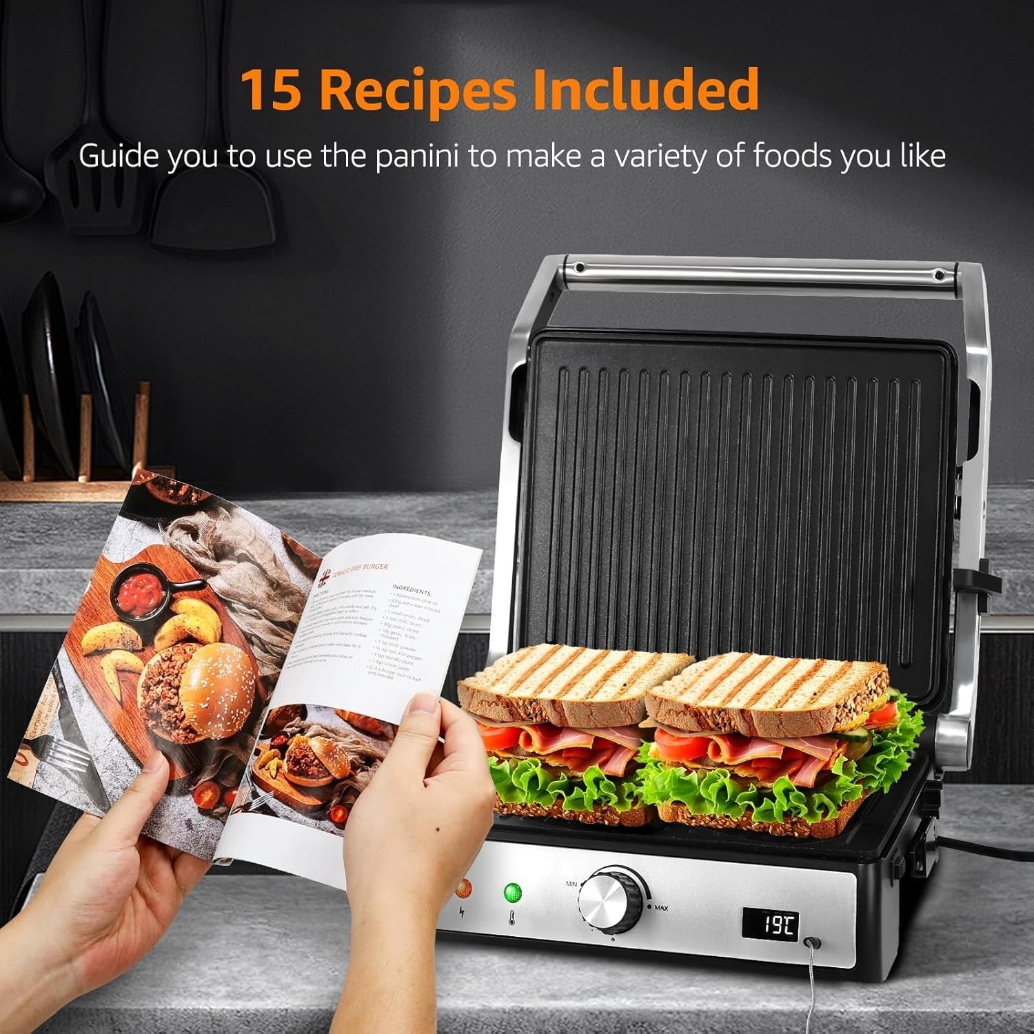 2000W Panini Press Sandwich Toaster Grill 180° Removable Plates
