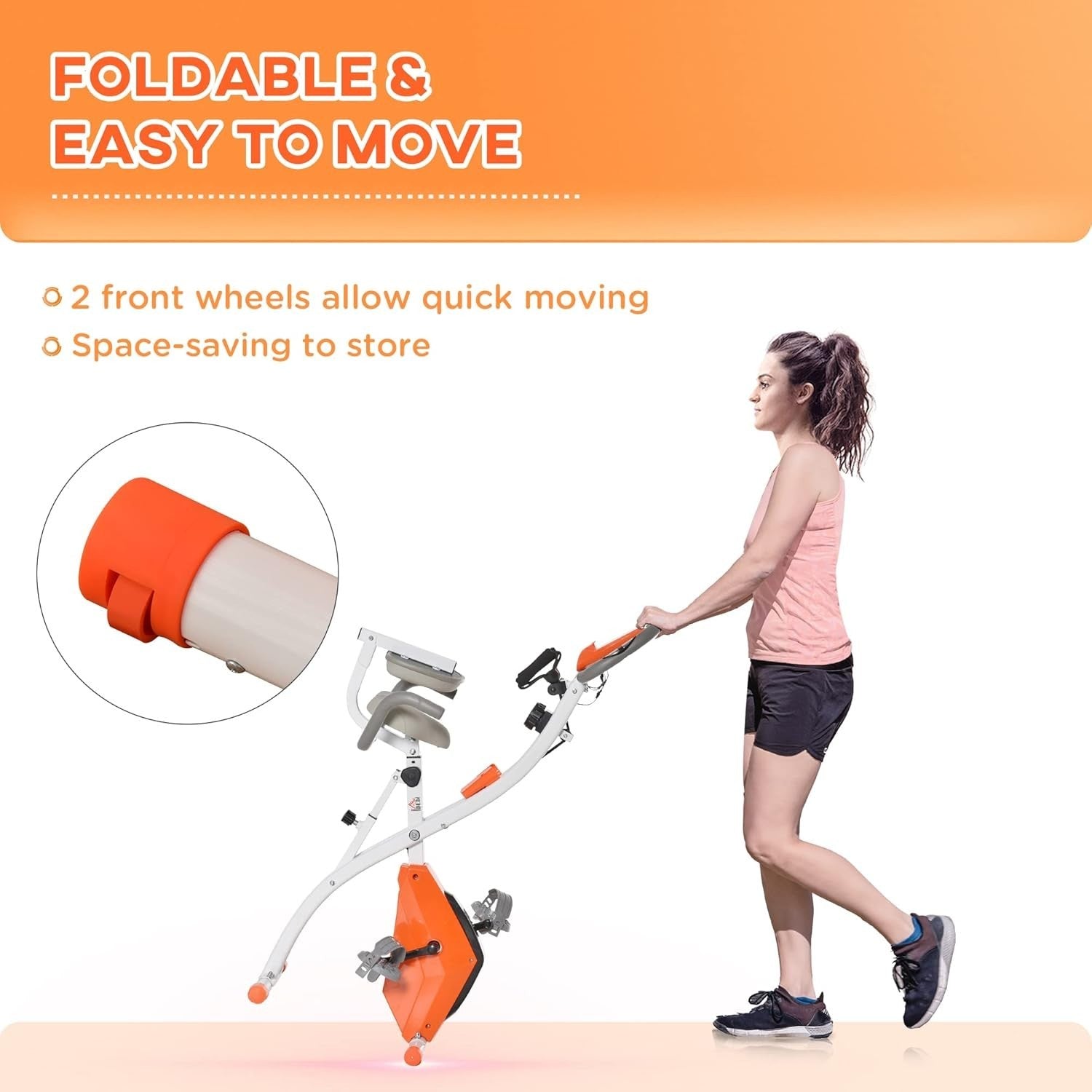 Orange 3-in-1 Folding Exercise Bike Magnetic Resistance LCD Pulse & Bands