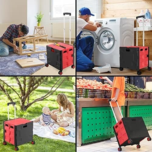 Foldable Grocery Shopping Trolley Cart Box 50Kg with Lid Portable Red