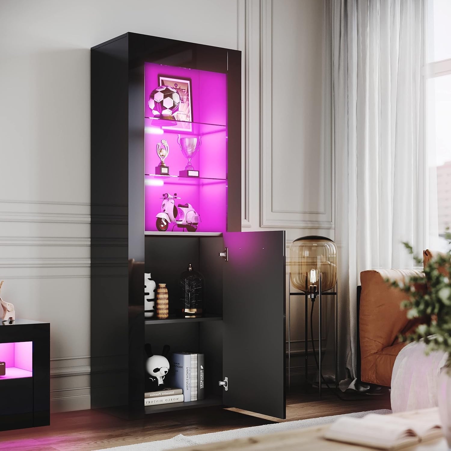 Tall Black Gloss Display Cabinet with LED Lights Modern 5-Tier Storage Unit