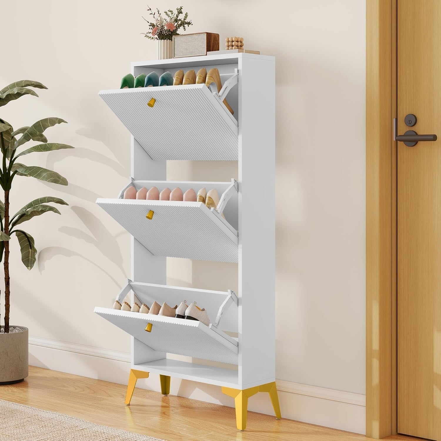 Slim White Shoe Cabinet with 3 Flip Drawers & Anti-Tip, Space-Saving Storage