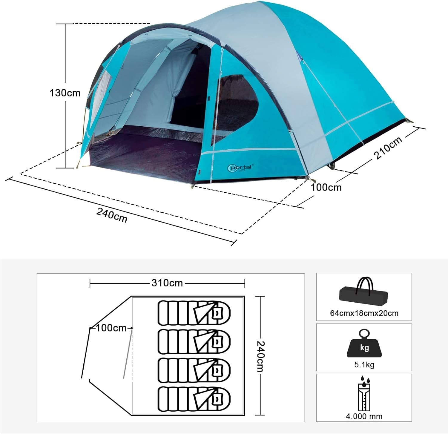 Portal 3-4 Person Family Camping Tent with Porch Waterproof Dome