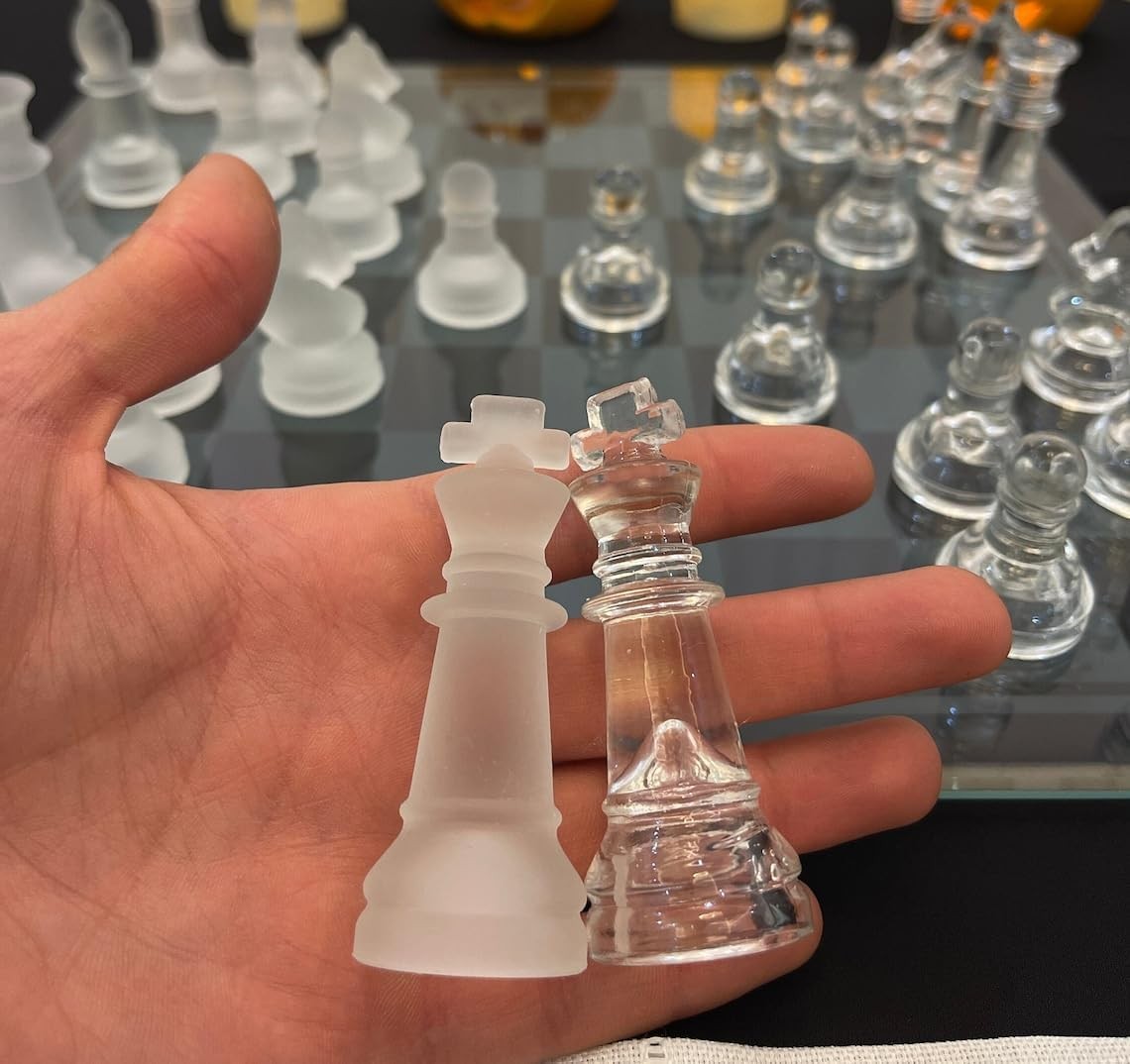 Glass Chess Set 26cm Frosted & Clear Luxury Crystal Chess Board Game