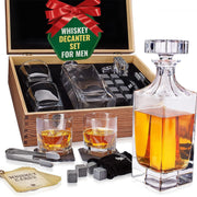 Luxury 1000ml Whisky Decanter Gift Set with Glasses Stones Tongs & Wooden Box