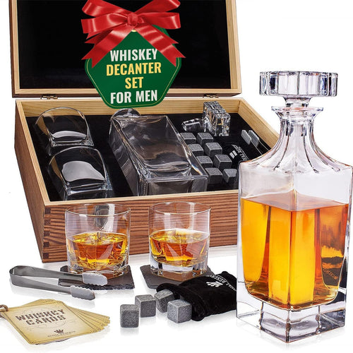 Luxury 1000ml Whisky Decanter Gift Set with Glasses Stones Tongs & Wooden Box