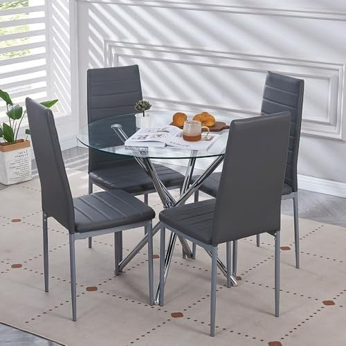 Round Glass Dining Table Set 4 Seater 90cm Silver Slate Gray Faux Leather