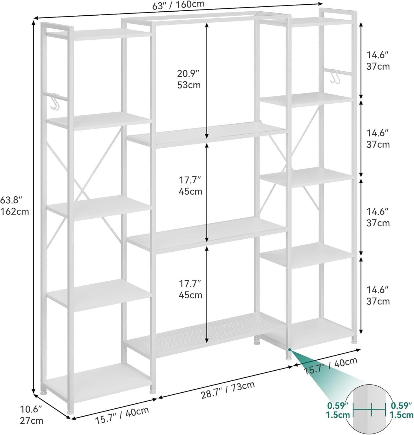 13 Shelf Industrial Bookcase Pure White Metal & Wood Storage Display Rack