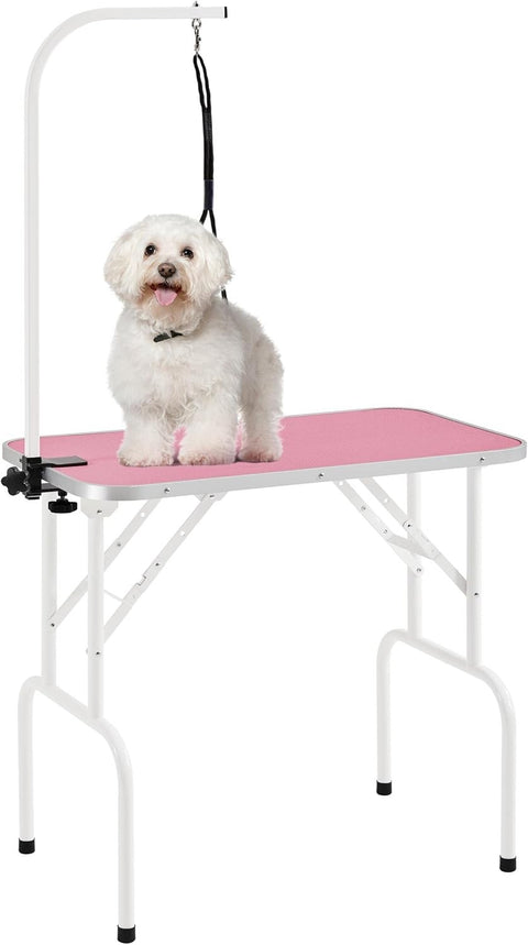 Foldable Dog Grooming Table Adjustable Arm Non Slip Waterproof 100kg Pink
