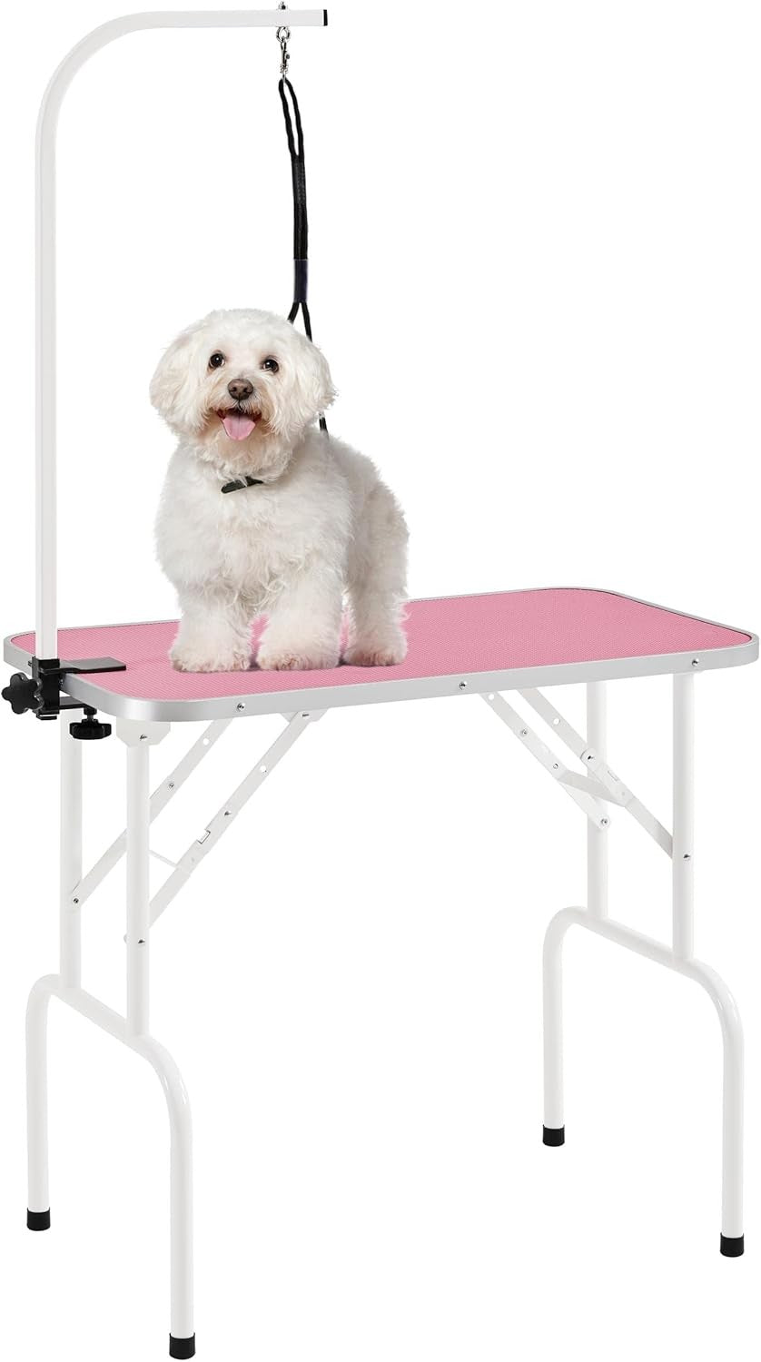 Foldable Dog Grooming Table Adjustable Arm Non Slip Waterproof 100kg Pink