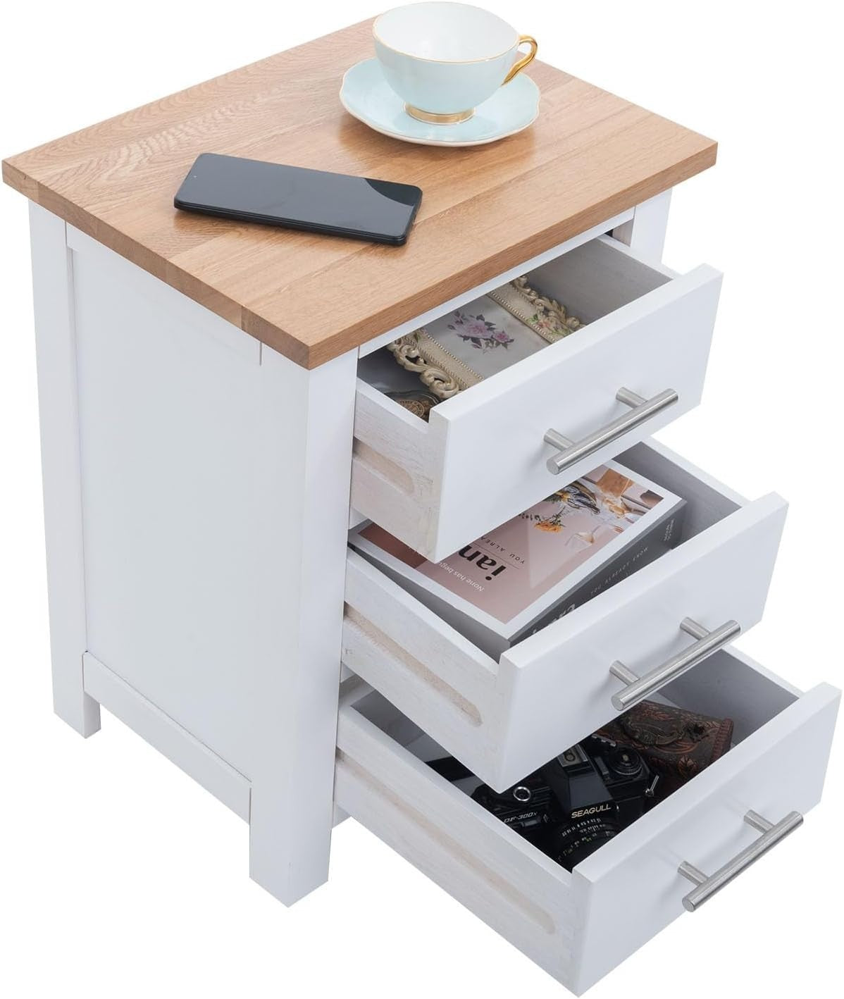 White Oak Bedside Table with 3 Drawers, Modern Solid Wood Nightstand 56x42x32cm