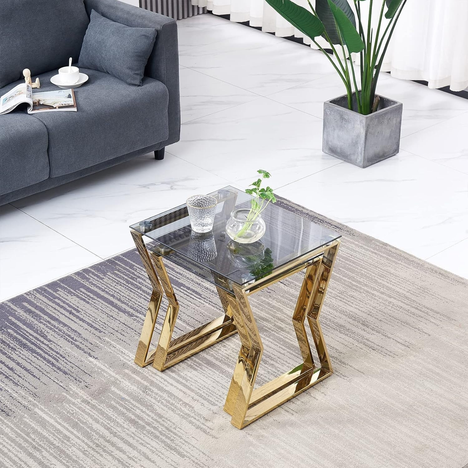 Luxury Nesting Coffee Tables Set of 2 Gold Metal Gray Glass Side End Stackable