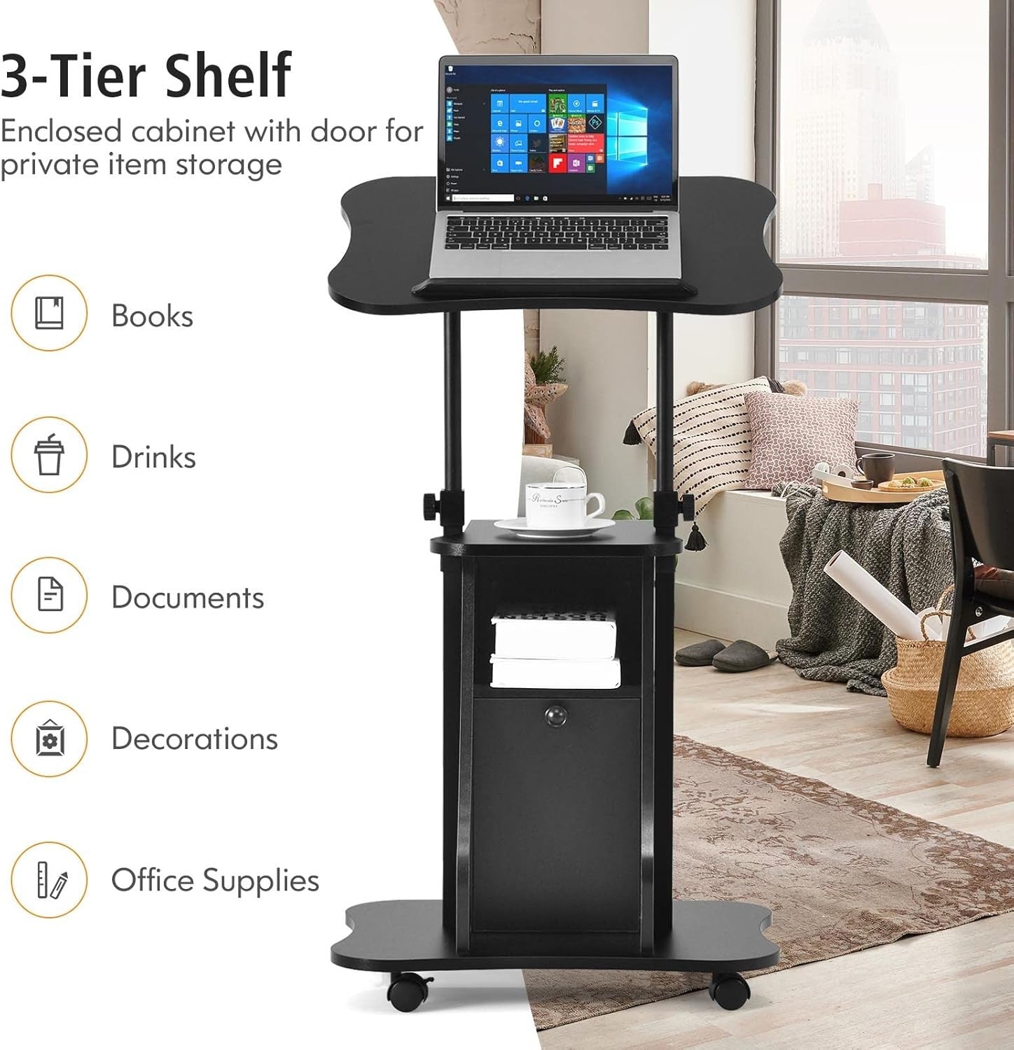 Height Adjustable Overbed Laptop Table with Storage Cabinet Wheels Black