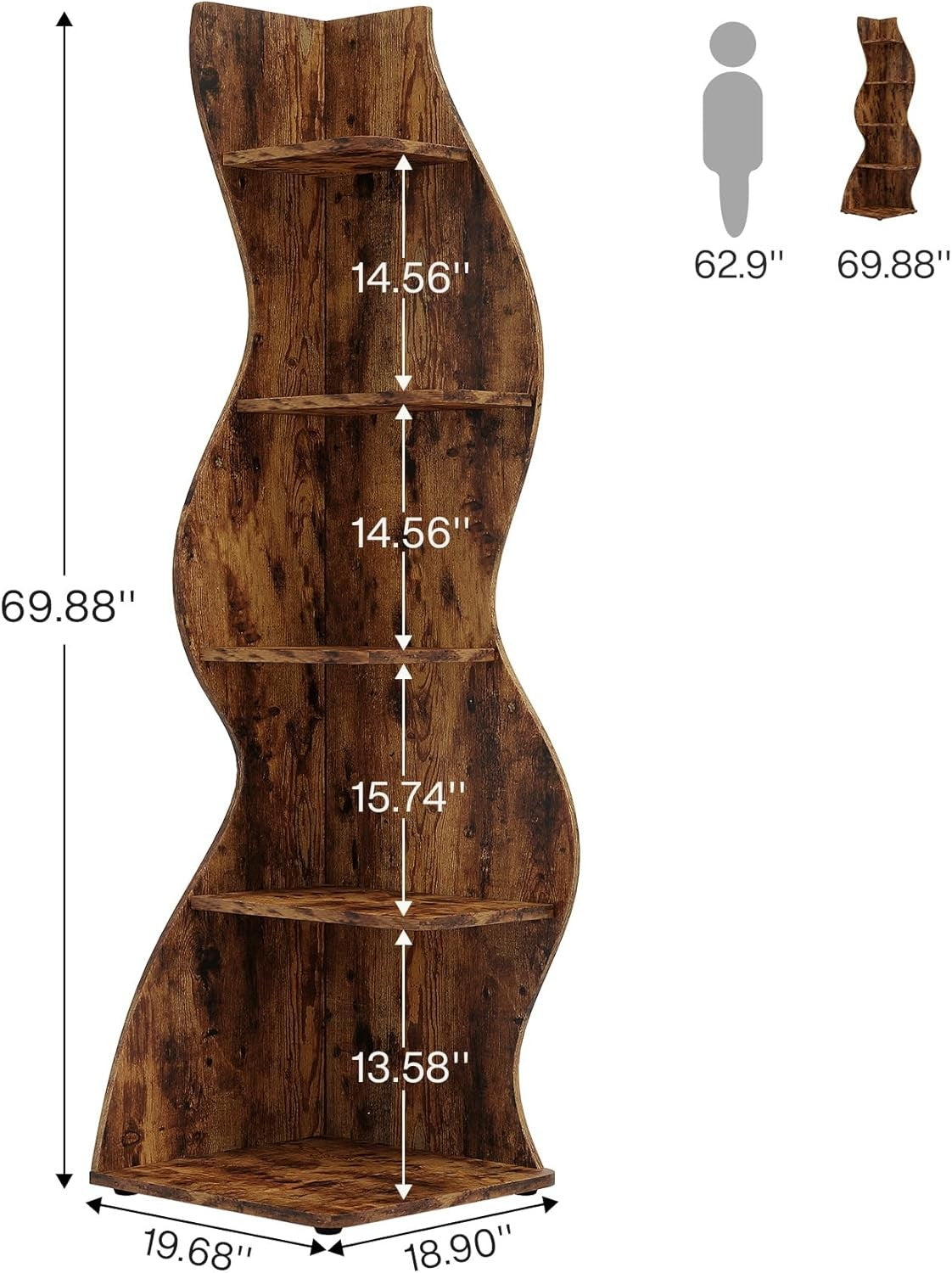 Rustic 5-Tier Wavy Corner Bookshelf | Stylish Slim Space-Saving Display Rack