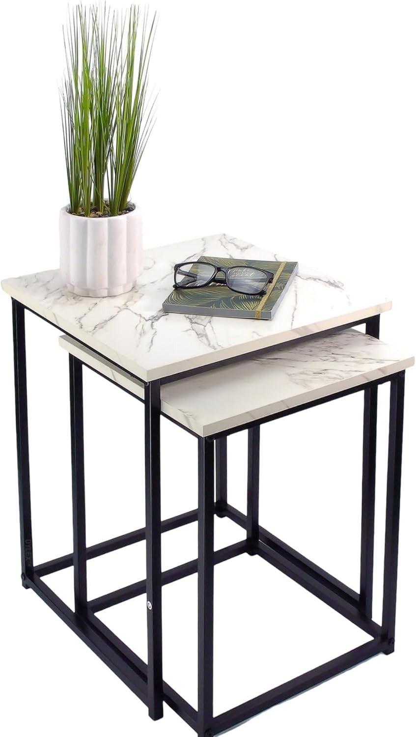 Nesting Coffee Side End Tables Set of 2 Black Marble Effect Metal Frame NEW