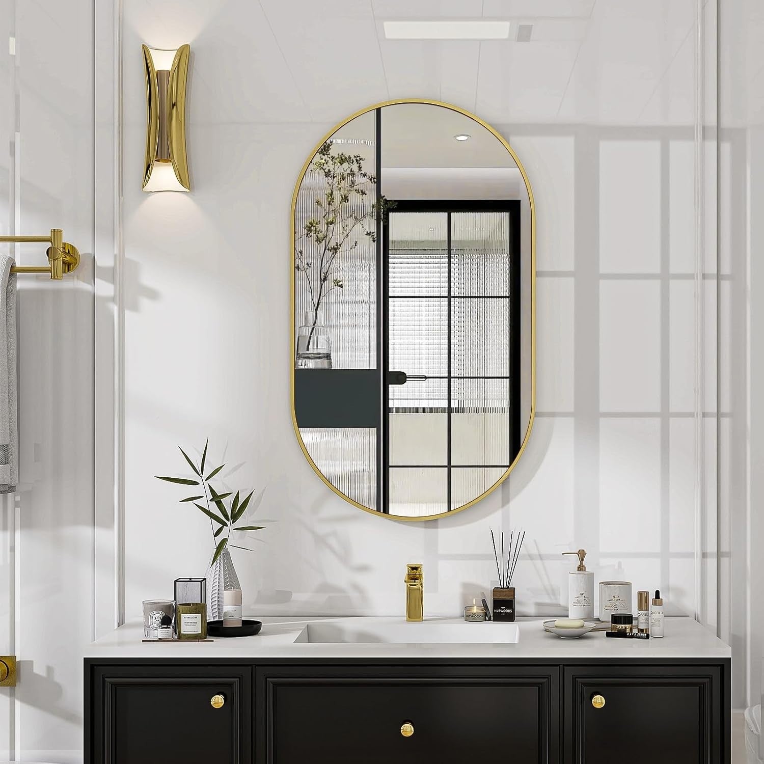Oval Bathroom Wall Mirror 56x96 cm Tempered Glass Gold Frame, Distortion-Free