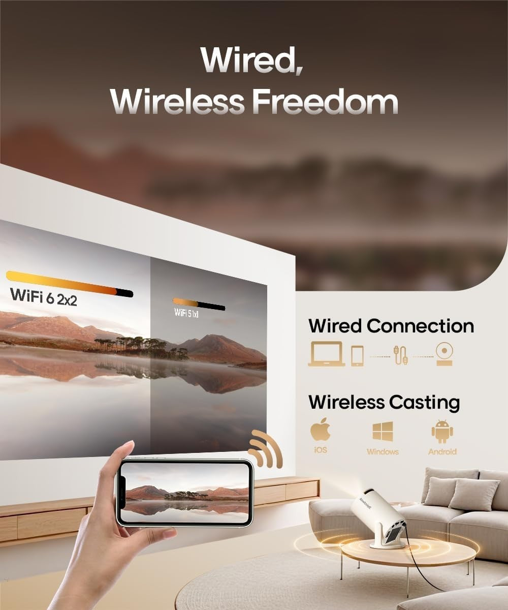Portable 4K WiFi6 Smart Projector Bluetooth 180° Android 14