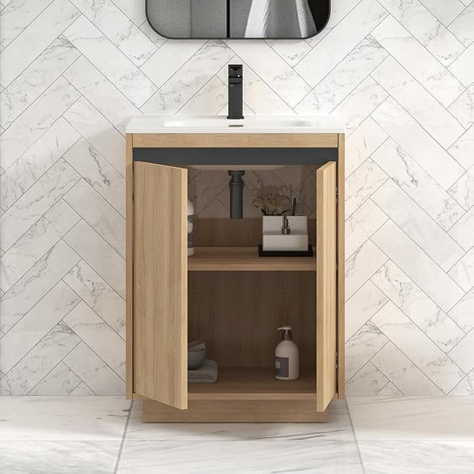 600mm Oak Floor Standing Vanity Unit with Basin Sink 2 Door Bathroom Cabinet