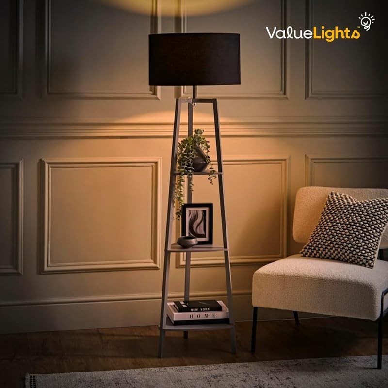 Modern Grey Wooden Floor Lamp with Storage Shelves & 6W LED Bulb