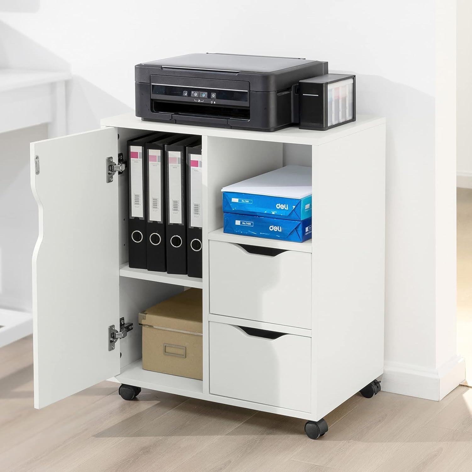 White Mobile Printer Cabinet 2 Drawer 1 Door Under Desk Storage