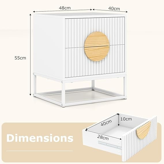 Set of 2 White Modern Bedside Tables – Dual Drawers Metal Frame Wood Accent